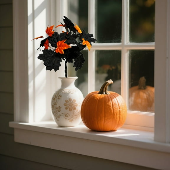 Fall Decor Artificial Flowers 15.75in Fall Artificial Maple Leaves Branches with Pumpkins,Home Pumpkin Decoration Faux Silk Fall Leaves Stems Bundles for Thanksgiving Home Indoor Outdoor