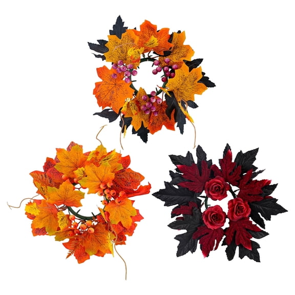 Fall Decor Artificial Maple Leaves Candle Rings with Berries Fall Thanksgiving Halloween Candle Holders Small Candle Wreath Rings for Farmhouse Thanksgiving Halloween Wedding Centerpiece Table Decor