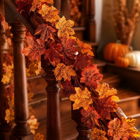 Fall Decor Artificial Maples Leaf Pumpkin Garland Autumn Maple Vines Garland Thanksgiving Halloween Harvest Decorations for Home Porch Mantle Fireplace Farmhouse Outdoor Indoor - (C)