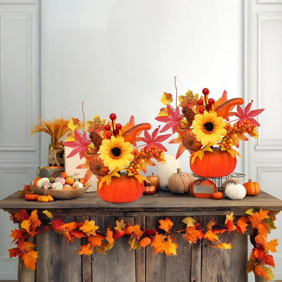 Fall Decor, Artificial Pumpkins with Maple & Flowers, Thanksgiving Table Decor, Pumpkin Vases Centerpiece for Kitchen Office Indoor
