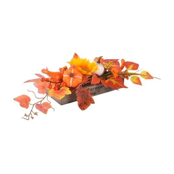 Fall Decor Autumn Harvest Pumpkins Centerpiece - Artificial Peony Maple Leaf and Pinecones Arrangement in Rectangle Wooden Box for Thanksgiving Party Mantel Fall Decor