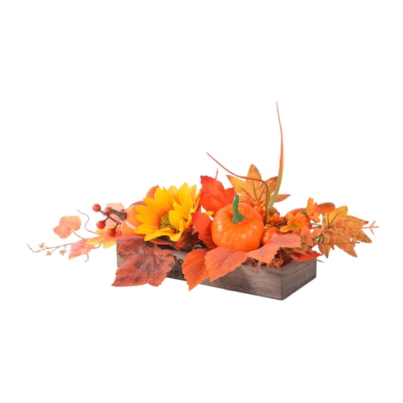 Fall Decor Autumn Harvest Pumpkins Centerpiece - Artificial Peony Maple Leaf and Pinecones Arrangement in Rectangle Wooden Box for Thanksgiving Party Mantel Fall Decor