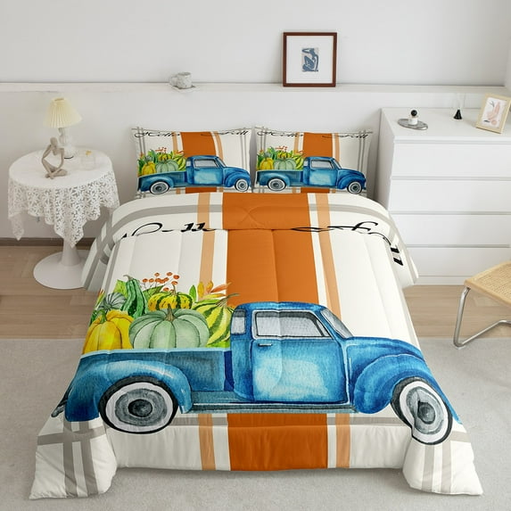 Fall Decor Bedding Twin Women Rustic Pumpkin Print Comforter Set Autumn Harvest Theme Bedding Comforter Sets Happy Fall Y'All Duvet Insert Geometry Stripe Print Thanksgiving Day Gifts Quilt