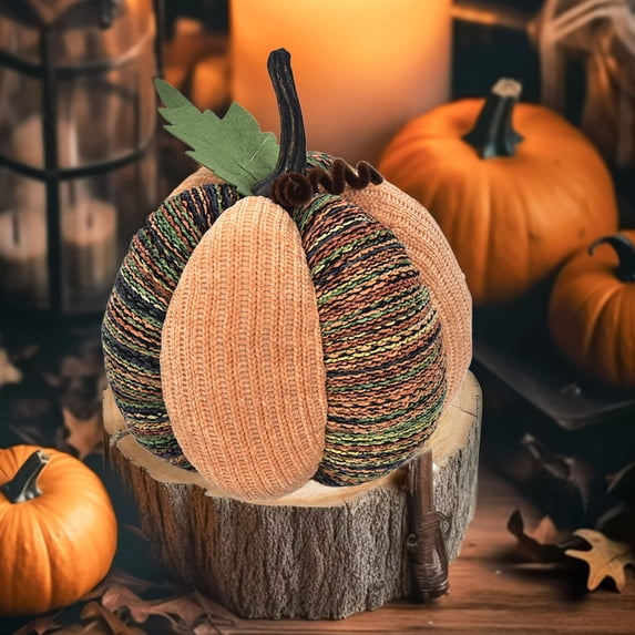 Fall Decor Brown Orange Striped Knitted Pumpkin with Leaf Accent Patchwork Lattice Handwoven Stuffed Pumpkin Farmhouse Tabletop Centerpiece for Thanksgiving Tiered Tray Decor