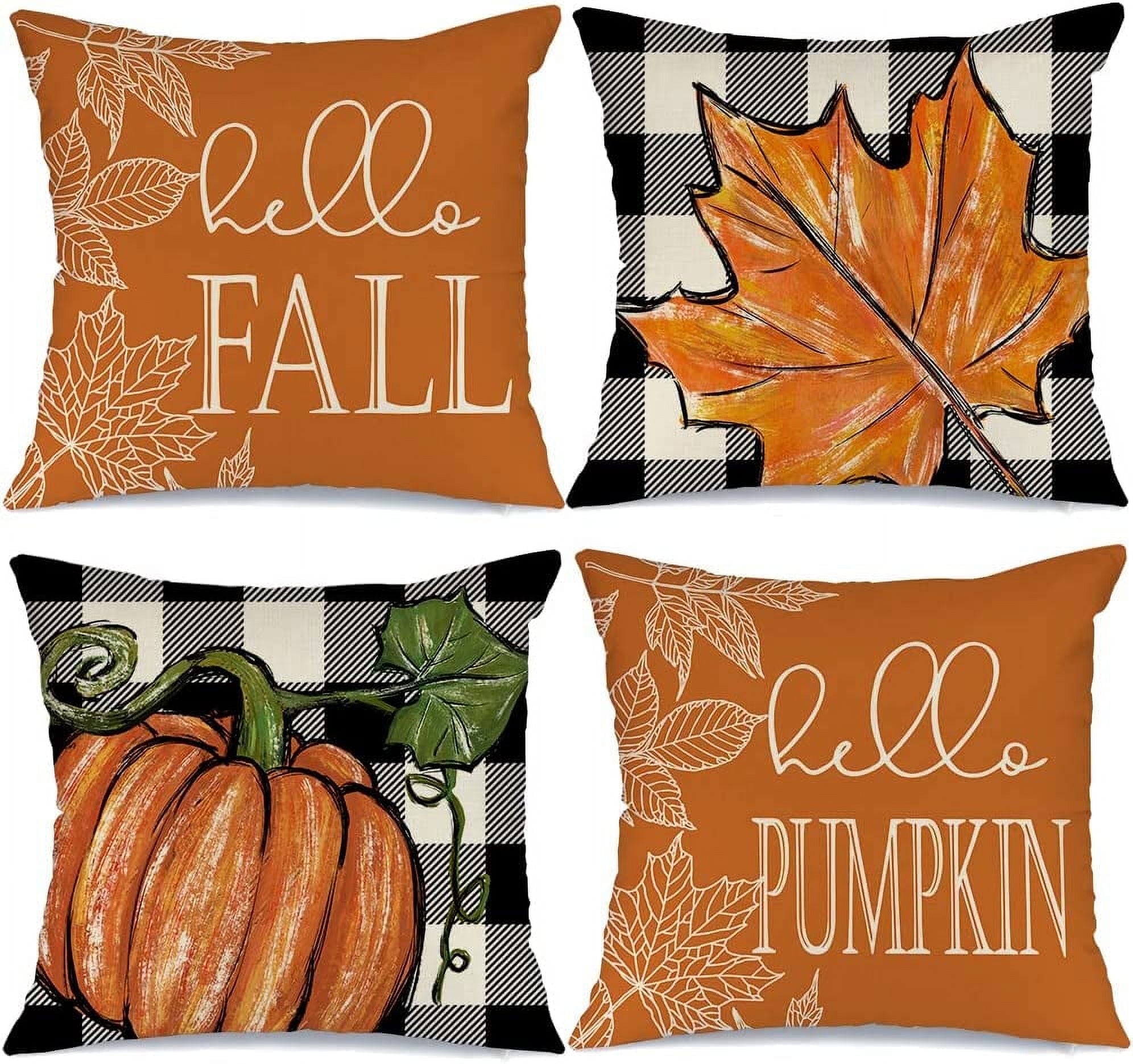 AACORS Fall Decor Pillow Cover - Buffalo Check & Pumpkin Design, 18x18 Inch Farmhouse Style