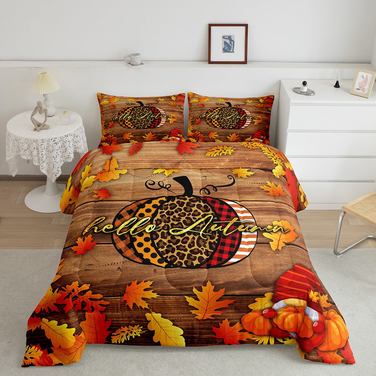 Fall Decor Comforter Set Twin Size Women Rustic Farm Pumpkin Maple Leaf ...