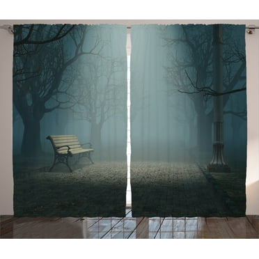 Ambesonne Fall Curtains 2 Panel Set, Mysterious Park Horror, 108" x 90", Blue Cream