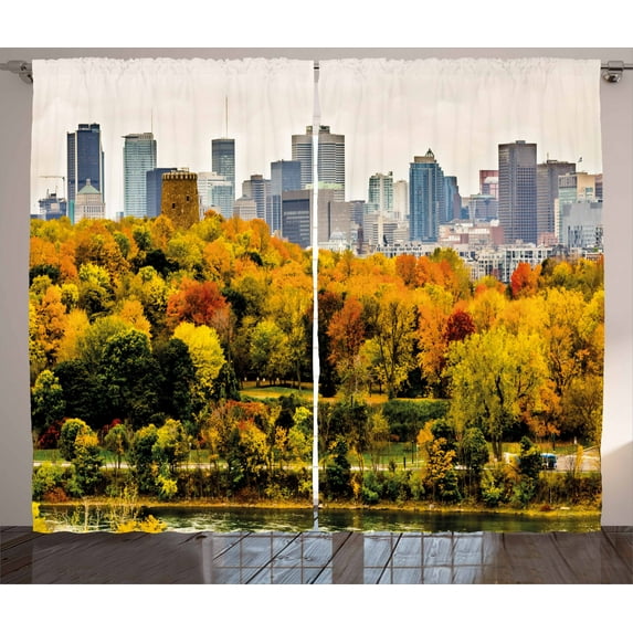 Ambesonne Fall Curtains 2 Panel Set, Montreal in Autumn Season, 108" x 84", Multicolor