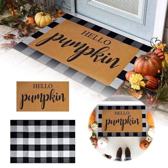 Fall Decor Door Mat Combo Set 29.5x17.7 Inch Welcome Mat + 43.3x27.5 Inch Black White Plaid Rug for Front Porch Entryway, Fall Thanksgiving Halloween Outdoor Autumn Floor Doormat
