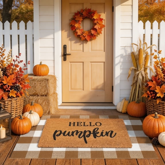 Fall Decor Door Mat Combo Set, Coco Coir Welcome Mat & Coffee White Plaid Rug, Fall Thanksgiving Front Porch Mat