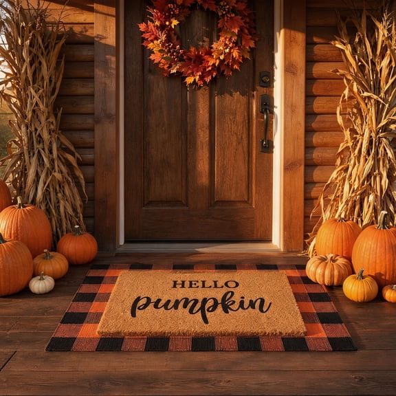 Fall Decor Door Mat Combo Set, Coco Coir Welcome Mat & Orange Black Plaid Rug, Thanksgiving Front Porch Mat