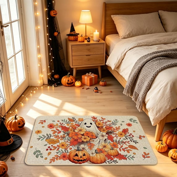 Fall Decor Door Mat Combo Set, Ghosts Pumpkin Welcome Doormat Halloween Doormat Rug, Autumn Thanksgiving Front Porch Entryway Decor Bathroom Floor Mats Halloween Party Decor