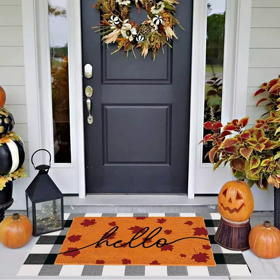 Fall Decor Door Mat Combo Set, Hello Maple Leaves Imitation Coir Doormat + 28" x 43" White and Black Plaid Rug, Autumn Thanksgiving Front Porch Entryway Decor Floor Mats