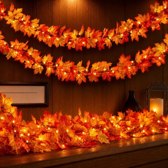 Fall Decor Fall Decorations for 9FT Plug in Fall Garland with Lights 50 Orange Bulbs Connectable Lighted Fall Garland Light for Indoor Outdoor Halloween Thanksgiving Harvest Decorations