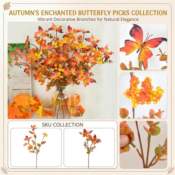 Fall Decor, Fall Foliage Stems, Butterflies Decorations, Orange Decor, Faux Eucalyptus Stems, Artificial Fall Maple Butterfly Pick 13 X 6 Inch for Table Centerpieces, Vase