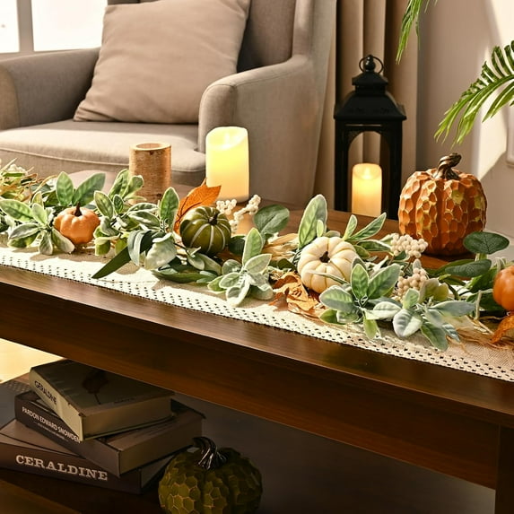 Fall Decor,Fall Garland for Mantel, 6 FT Fall Garland with Light, Lighted Autumn Garlands with Faux Lamb's Ear & Pumpkins, Thanksgiving Table Centerpiece, Fall Decorations for Home Porch Fireplace