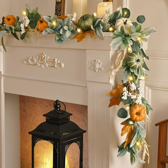 Fall Decor,Fall Garland for Mantel, 6 FT Fall Garland with Light, Lighted Autumn Garlands with Lamb's Ear & Pumpkins, Thanksgiving Table Centerpiece, Fall Decorations for Home Porch Fireplace