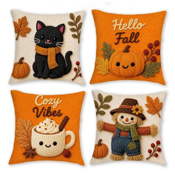 Fall Decor Fall Thanksgiving Pillow Covers 18x18 Inch Set of 4 Fall Pumpkin Cushion Case Fall Throw Pillows Covers Autumn Farmhouse Decor Cushion Pillow Cover For Porch Sofa Couch Bed Livingroom