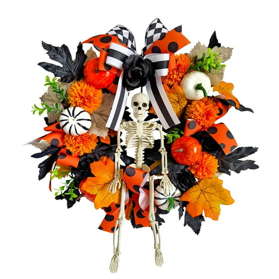 Fall Decor,Fall Wreaths for Front Door 15.75inch Artificial Wreath Maple Leaf Pumpkin Skeleton Flower Wreath Front Door Decorations for Indoor Outdoor Home Halloween Festival Decoration