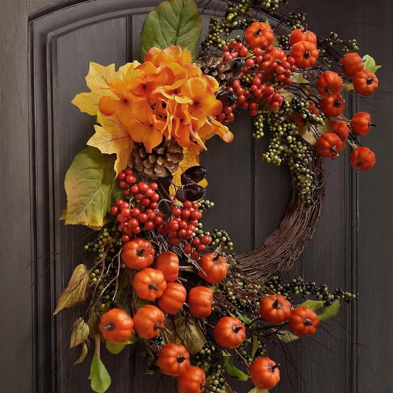 Fall Decor - Fall Wreaths for Front Door - 20 Inch Mini Pumpkins Berries Wreath - Decorations for Autumn Thanksgiving Harvest Farmhouse Home Outdoor Indoor Window Wall