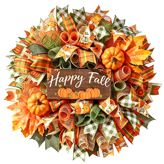 Fall Wreath for Front Door,20" Autumn Mesh Bow Door Wreath with Pumpkins for Porch Wall, Farmhouse Thanksgiving Harvest Indoor Outdoor Fall Decor