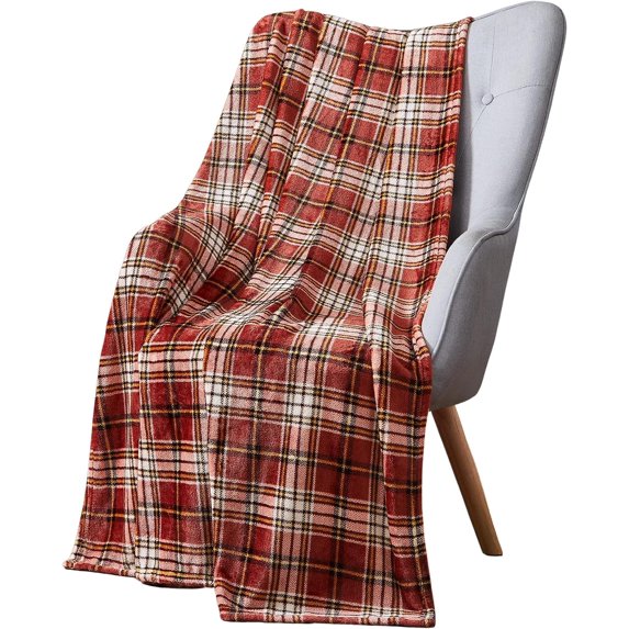 Fall Decor Farmhouse Throw Blanket: Soft Burnt Orange Plaid Design Accent for Sofa Couch Chair Bed Dorm