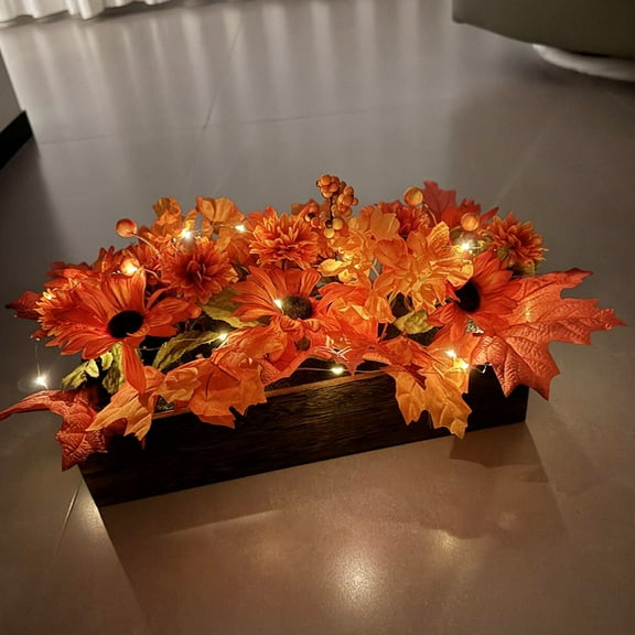 Fall Decor Floral Table Arrangement with Harvest Planter Wooden Tray,Fall Decorations Artificial Maple Leaf Autumn Table Centerpiece for Farmhouse Thanksgiving Shelf Kitchen Decor
