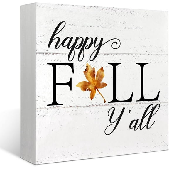 Fall Decor For Table Wood Box Sign Happy Fall Y'All Maple Leaf Autumn Harvest Thanksgiving Seasonal Desk Decor,Farmhouse Rustic Wood Block Plaque Decorations For Home Desk Wall Shelf Decor 7x7 Inch