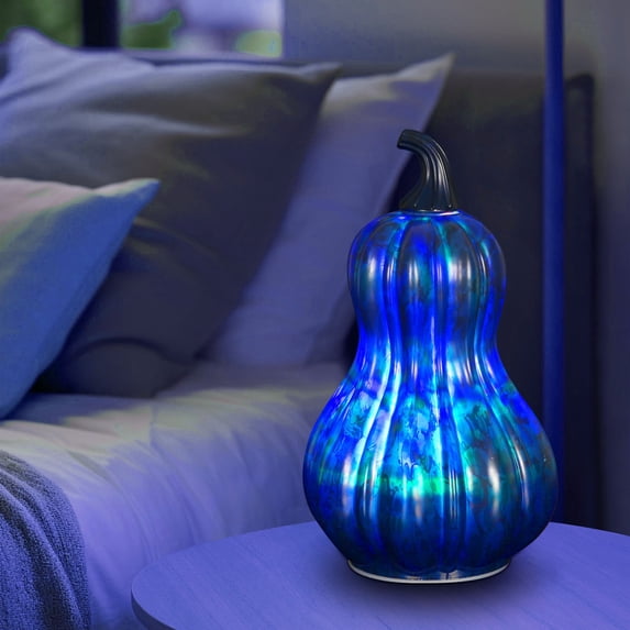 Fall Decor Halloween Blue Glass Pumpkin Lantern with Timer Battery Operated LED Glowing Thanksgiving Centerpiece for Mantel Table Indoor