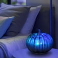 thumbnail image 1 of Fall Decor Halloween Blue Glass Pumpkin Lantern with Timer Battery Operated LED Glowing Thanksgiving Centerpiece for Mantel Table Indoor, 1 of 7