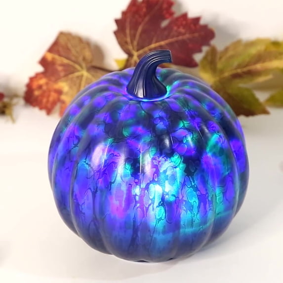 Fall Decor Halloween Blue Glass Pumpkin Lantern with Timer Battery Operated LED Glowing Thanksgiving Centerpiece for Mantel Table Indoor