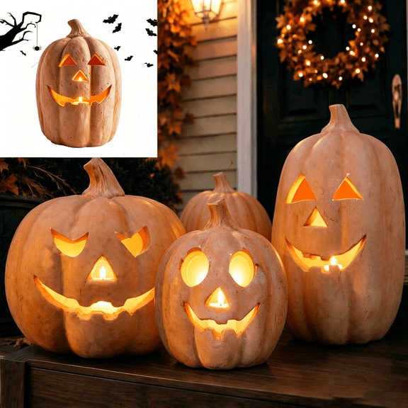 Fall Decor - Halloween Decor Resin Pumpkin Jack O' Lantern with Flameless Candle - Vintage Autumn Farmhouse Table Decorations for Home Indoor Outdoor Porch Mantel,9.8inches (Large)