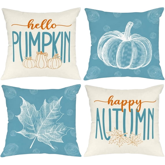 Decorative Throw Pillows Covers Set of 4 Linen for Halloween Decor Thanksgiving Decor Fall Decor Blue and White Seasonal Home Accents