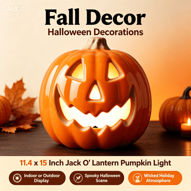 Fall Decor - Halloween Decorations 11.4x15-Inch Jack O' Lantern Pumpkin Light Measuring for Spooky Halloween Scene Layout and Wicked Holiday Atmosphere Indoor or Outdoor Display