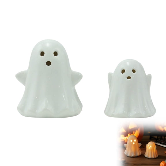 Fall Decor - Halloween Decorations-Ceramic Ghost Set Of Two Mini Light-Up Ceramic Ghost Ornaments Halloween Decor