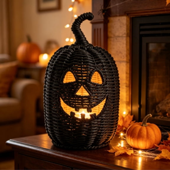 Fall Decor - Halloween Decorations - Handmade Black Woven Vine Pumpkin Jack O' Lantern- Vintage Autumn Farmhouse Table Decoration for Home Indoor Outdoor Front Porch Mantel