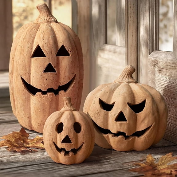 Fall Decor - Halloween Decorations - Handmade Terracotta Pumpkin Jack O' Lantern Outdoor Indoor -Cute Halloween Farmhouse Autumn Festival Decoration for Home Table Porch Mantel Front Door Room C