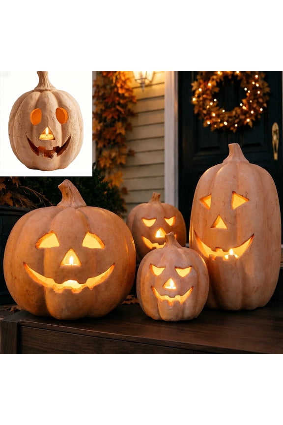 Fall Decor - Halloween Pumpkin Decorations Resin Pumpkin Jack O' Lantern with Flameless Candle - Vintage Autumn Farmhouse Table Decoration for Home Indoor Outdoor Front Porch Mantel ,5.9inche(Small)