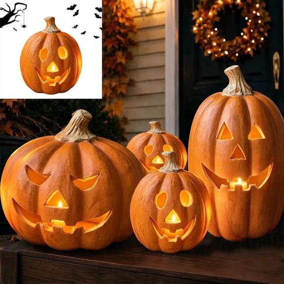 Fall Decor - Halloween Pumpkin Decorations Resin Pumpkin Jack O' Lantern with Flameless Candle - Vintage Autumn Farmhouse Table Decoration for Home Indoor Outdoor Front Porch Mantel ,5.9inche(Small)
