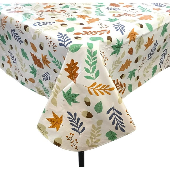 Serafina Home Fall Decor Harvest Flannel Vinyl Tablecloth: Colorful Autumn Leaves Berries on Ivory&nbsp;60"