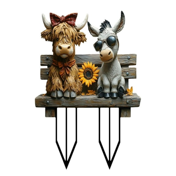 Fall Decor Highland Cow Garden Stake,Fall Pumpkin Flower Highland Cow Gnomes Scottish Resin Statue, Fantastical Cow and Donkey Double Acrylic Outdoor Space Flower Pot L Decoration Ground Insertion