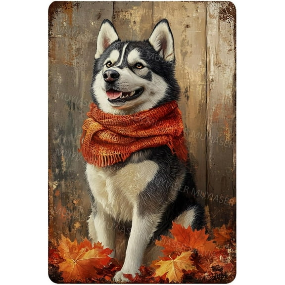 Fall Decor Husky Dog Metal Tin Sign Rerto Sign Aluminum Vintage Sign Autumn Decor for Home Kitchen Garden Yard Wall Bedroom Club Front Door 8x12 Inch