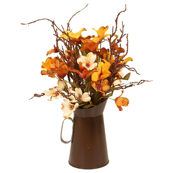 Fall Decor Indoor Fall Artificial Flower with Metal Pot Vase, Autumn Fake Bouquet Fall Vase Floral Arrangement Faux Potted Flowers Thanksgiving Christmas Home Room Decor
