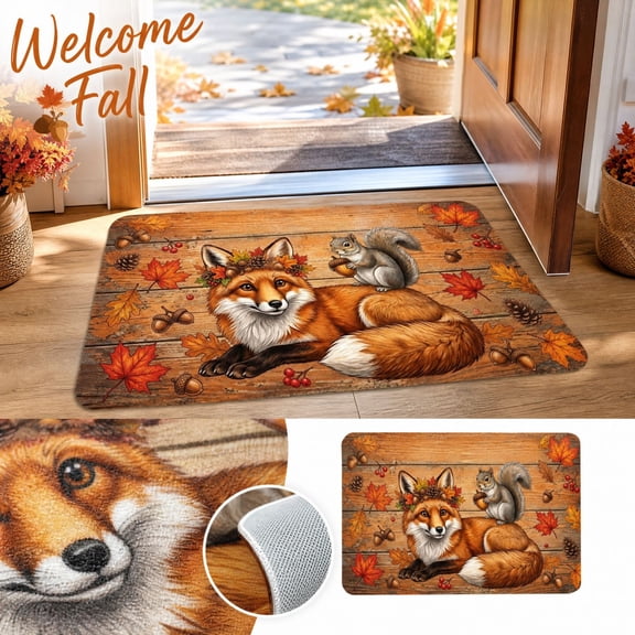 Fall Decor Indoor Outdoor Fox Squirrel Doormat, Absorbent Non Slip Autumn Thanksgiving Entryway Rug for Home Decor