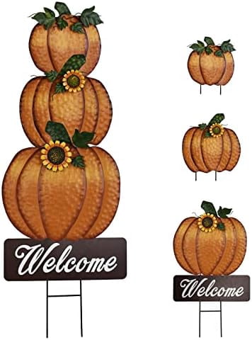 Fall Decor Metal Pumpkin Stake Decorative Welcome Sign Stacked Pumpkins ...