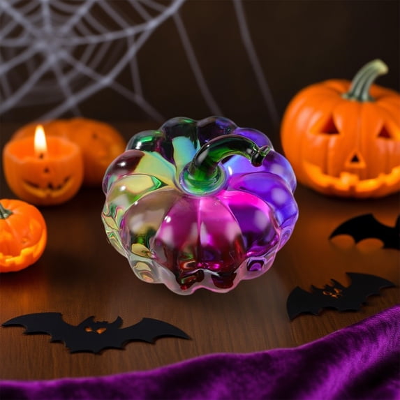 Fall Decor Mini Blue Hand Blown Glass Pumpkin Figurine Transparent Crystal Pumpkin with Green Stem Art Glass Fruit Tabletop Decor for Home Office Shelf Thanksgiving Halloween Gift