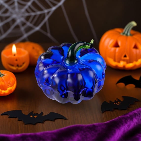 Fall Decor Mini Blue Hand Blown Glass Pumpkin Figurine Transparent Crystal Pumpkin with Green Stem Art Glass Fruit Tabletop Decor for Home Office Shelf Thanksgiving Halloween Gift