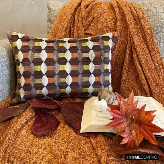 Fall Decor Oblong Pillow Cover Orange, 12"x18" (30x45 cm) Velvet Cut Velvet, Geometric Cushion Covers, Geometric Modern Style - Orange Rhythms