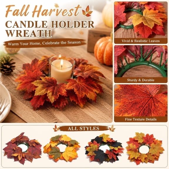 Fall Decor, Outdoor Fall Decorations for Porch, 12 Inch Fall Maple Leaf Candlestick Wreath, Fall Leaves Decor for Autumn Seasonal Display, Simulation Maple Leaf Candle Ring Wreath