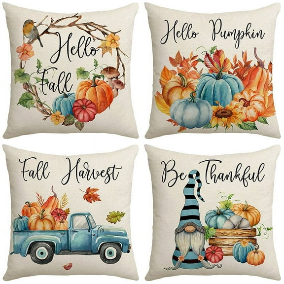 Fall Decor Pillow Cover Thanksgiving Decorations Blue and Orange Pumpkins Outdoor Fall Farmhouse Decorative Throw Pillow Covers Autumn Harvest Cushion Case for Couch Sofa